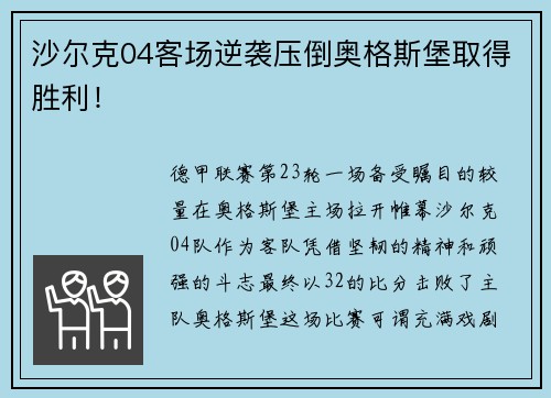 沙尔克04客场逆袭压倒奥格斯堡取得胜利！
