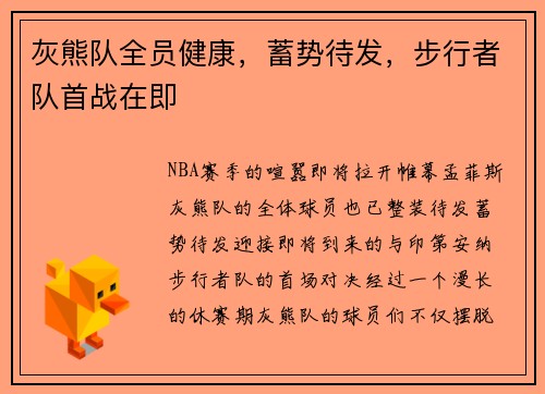 灰熊队全员健康，蓄势待发，步行者队首战在即