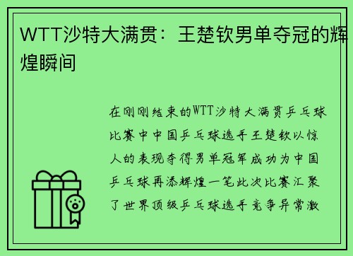 WTT沙特大满贯：王楚钦男单夺冠的辉煌瞬间