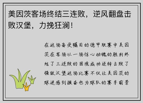 美因茨客场终结三连败，逆风翻盘击败汉堡，力挽狂澜！