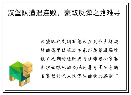 汉堡队遭遇连败，豪取反弹之路难寻