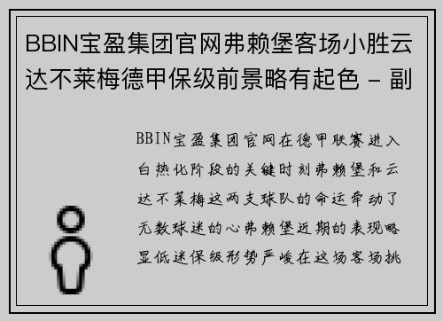 BBIN宝盈集团官网弗赖堡客场小胜云达不莱梅德甲保级前景略有起色 - 副本