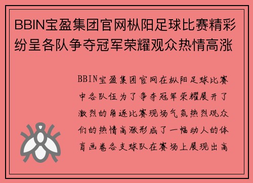 BBIN宝盈集团官网枞阳足球比赛精彩纷呈各队争夺冠军荣耀观众热情高涨