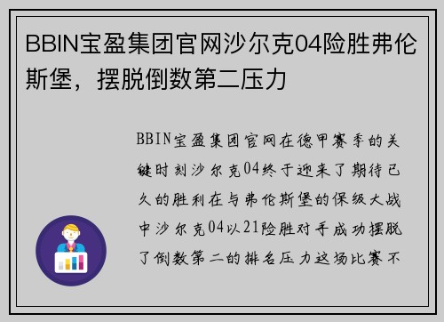BBIN宝盈集团官网沙尔克04险胜弗伦斯堡，摆脱倒数第二压力